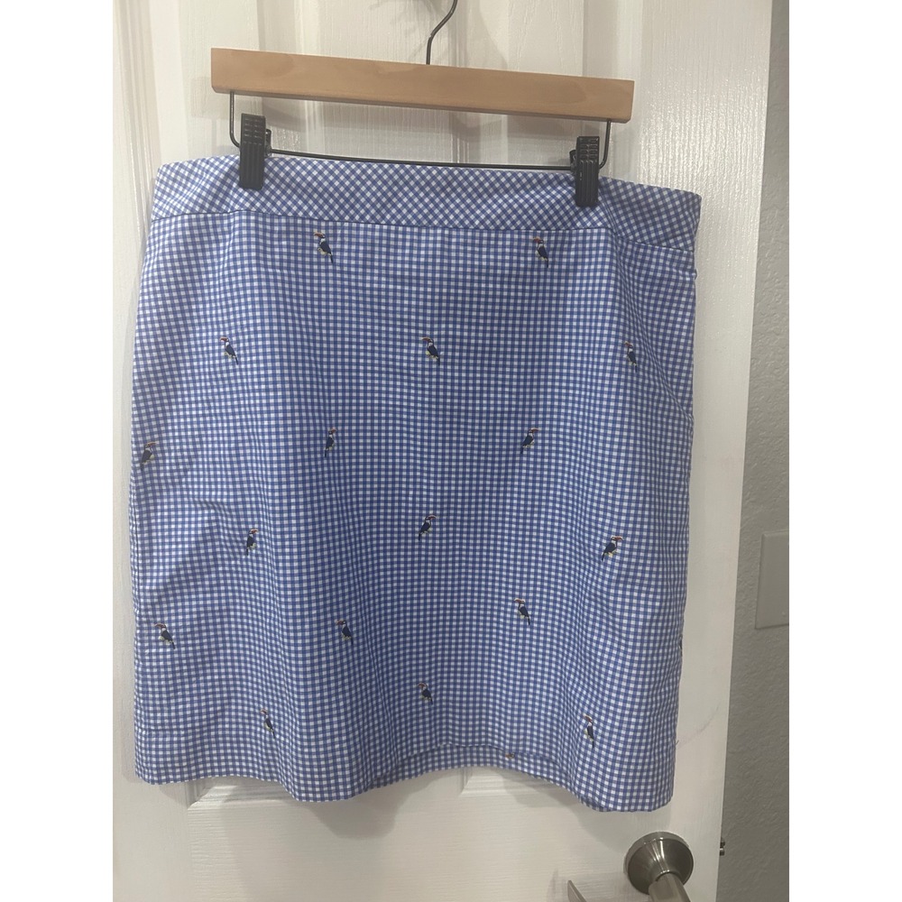 Talots Pencil‎ Skirt Blue Gingham Embroidered Toucan Preppy Cotton Skirt